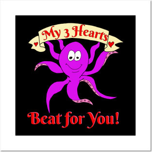 My 3 Hearts Beat for You Funny Octopus Valentine's Day Gift Posters and Art